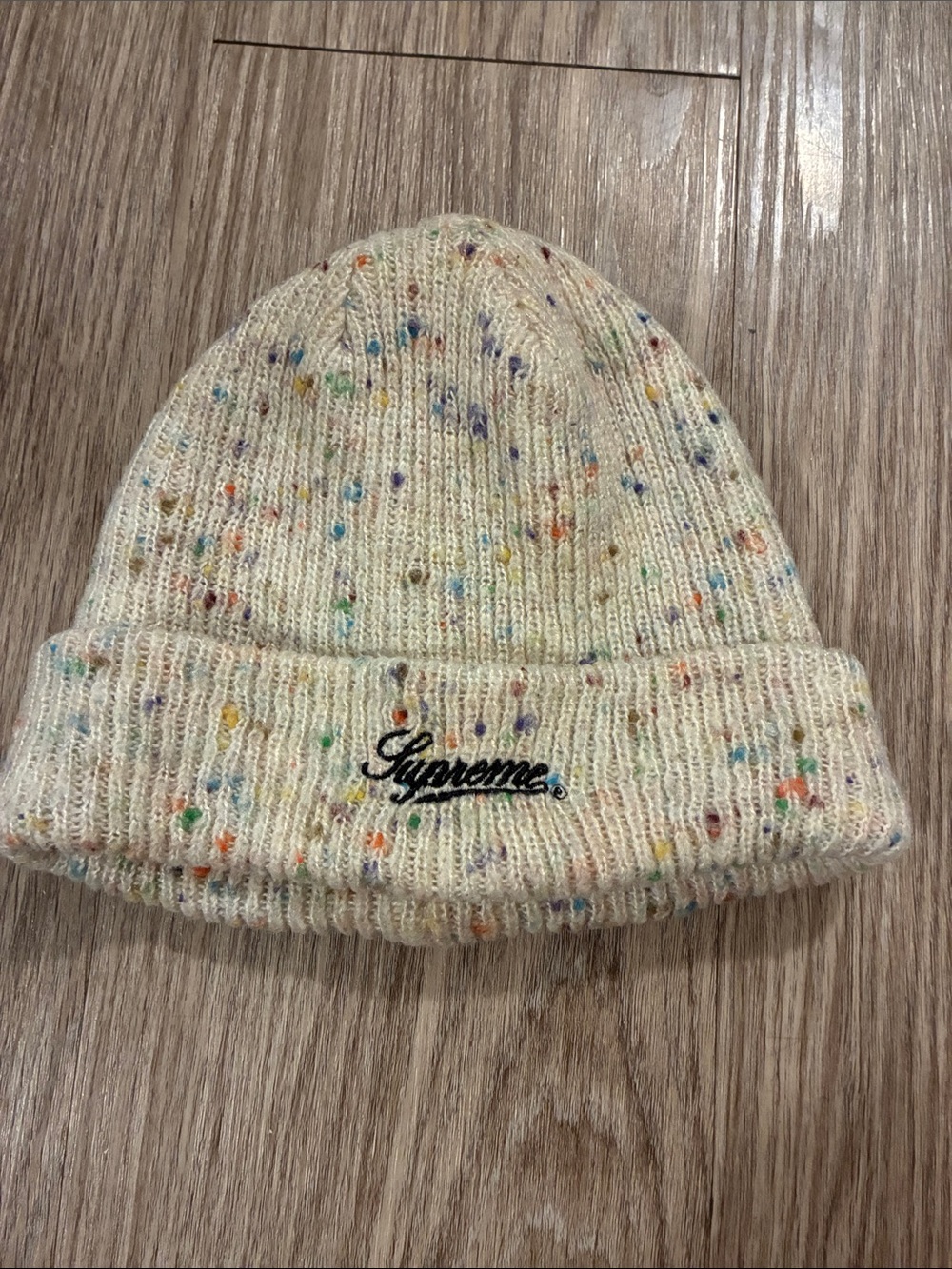 Supreme Cream Speckle Knit Beanie with Black Script Logo